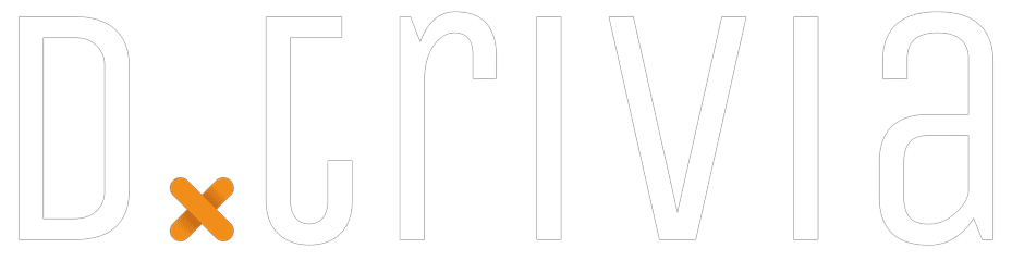 Logo DTrivia z białymi literami i pomarańczowym akcentem na przezroczystym tle.